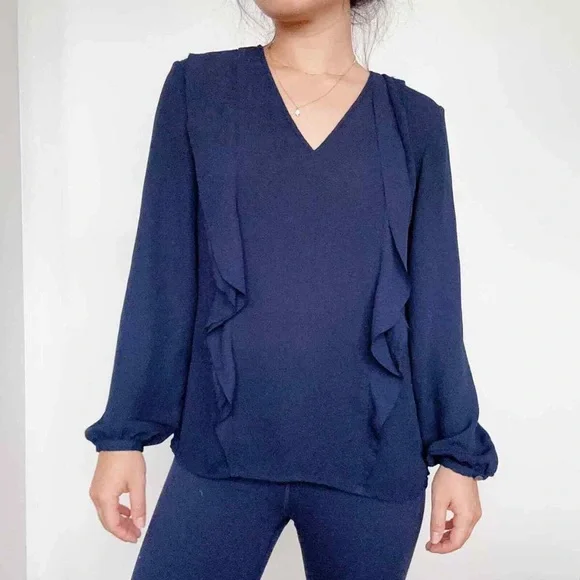 Banana Republic-Navy blue Ruffled Long-Sleeve Blouse Size M - Picture 1 of 6